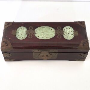 Vtg Chinese Wood Jewelry Keepsake Box Carved Jade Inlay Brass Hardware 10"x4”